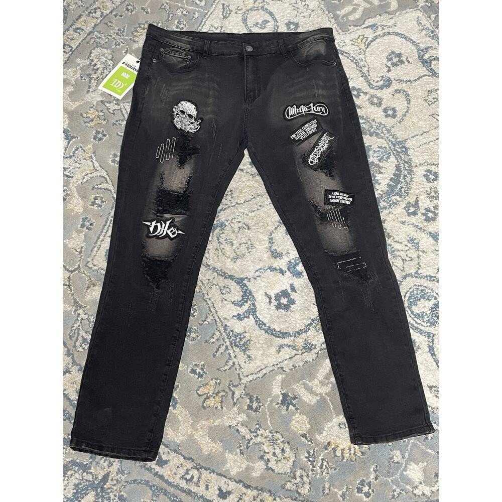 D’andijieshen Men’s Black Distressed Patchwork Jeans 40x31 Grunge Punk Goth